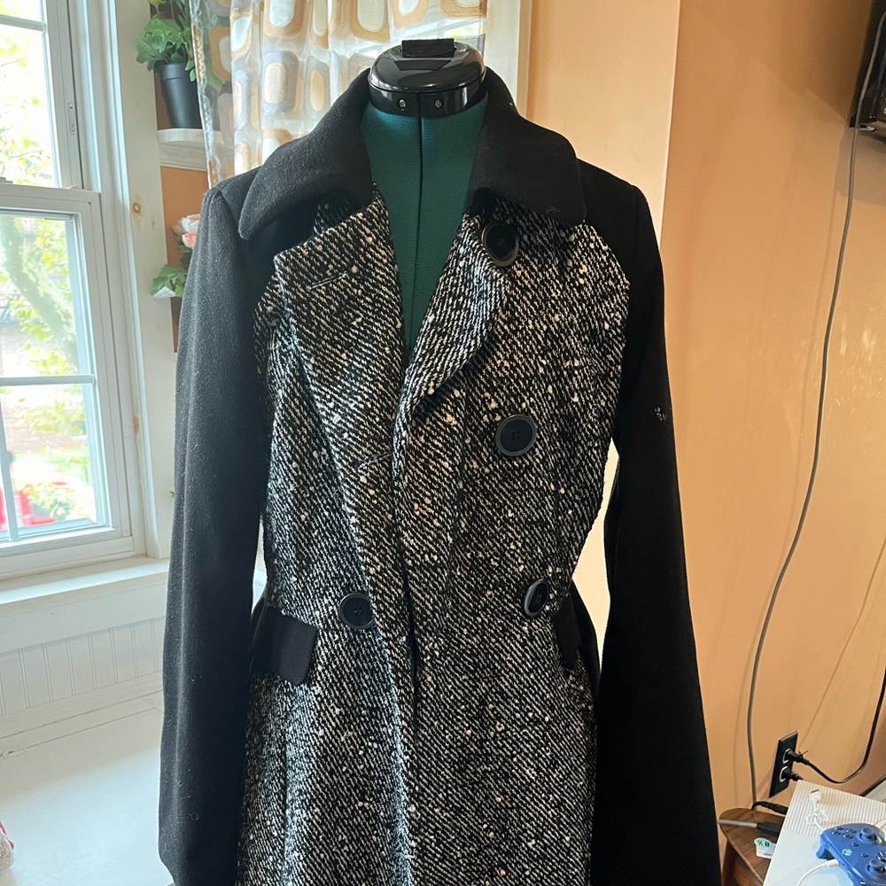 Grey, White and Black Wool Trench Coat